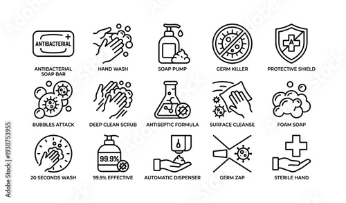 Antibacterial hygiene icons: handwashing, germ prevention, soap, shield