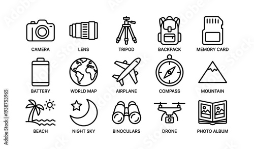 Travel icons set: camera, lens, tripod, backpack, compass, plane, map, mountain, drone