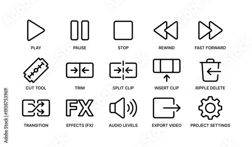 Video editing icons: tools for play, pause, stop, rewind, fast forward, trim, split, insert, ripple delete