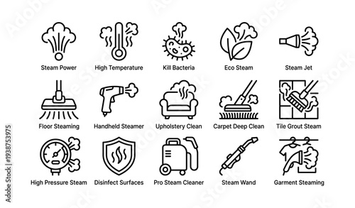 Steam cleaning tools icons: high temperature, eco-friendly, bacteria elimination, handheld and floor devices