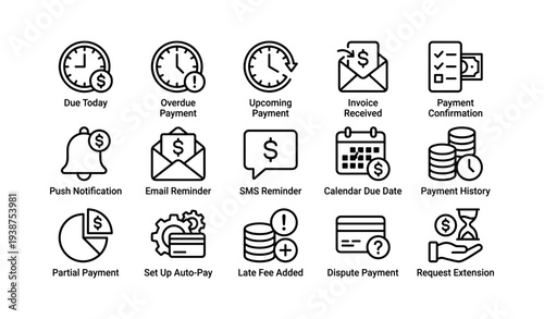 Financial icons for payment reminders and invoice management