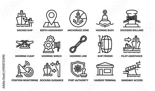 Nautical icons set featuring docked ship, anchorage, mooring equipment, and port authority