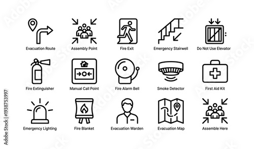 Emergency preparedness icons for fire safety and evacuation procedures