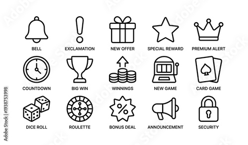 Icons set: bell, exclamation, gift, star, crown, clock, trophy, coins, slot, cards, dice, roulette, discount, megaphone, lock
