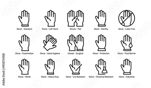 Glove icons set showing standard, sterility, and chemical resistant types