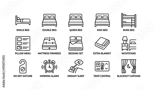 Hotel room amenities icons: beds, bedding, alarm, curtains, temperature control