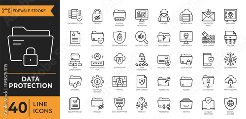 Data protection icons showcase various security and technology symbols.