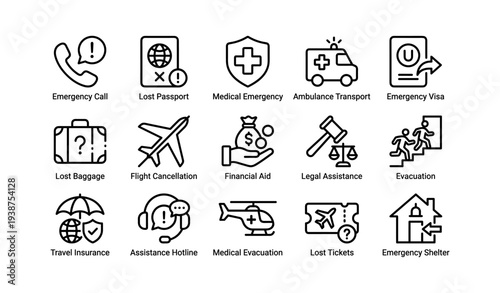 Emergency services icons: aid, evacuation, medical, legal, travel support