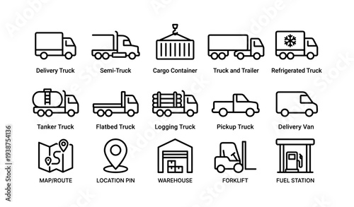 Transportation icons set: trucks, logistics, and warehousing symbols
