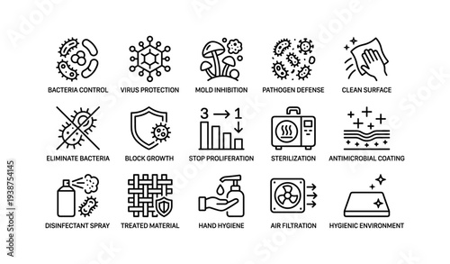 Pathogen control icons: bacteria, virus, mold, sterilization, hygiene solutions