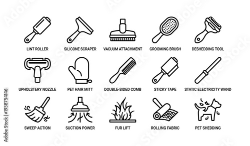 Pet grooming tools icon set featuring brushes mitts and grooming accessories
