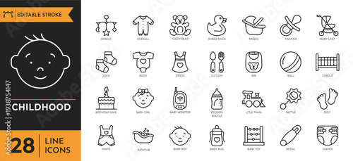 A collection of childhood line icons depicting various objects and activities.