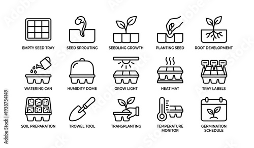 Seed gardening symbols: growth stages and planting tools