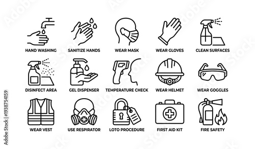 Safety protocol icons: hygiene, protective gear, temperature check, first aid, fire safety
