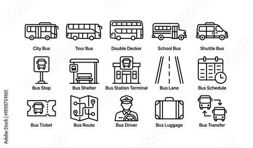 Set of bus icons including city, tour, double decker, school, and shuttle buses
