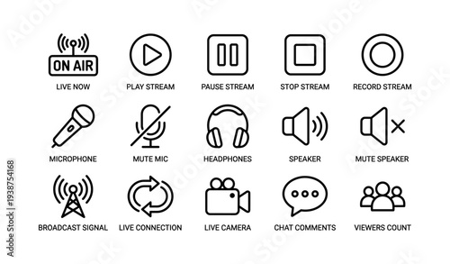 Streaming and broadcasting icons: live, pause, play, record, mute, chat, viewer count