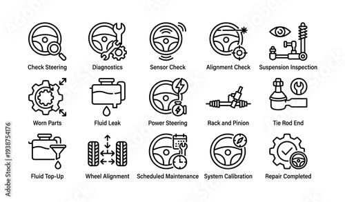 Car maintenance icons: steering, diagnostics, alignment, suspension, fluid check