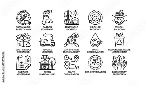 Icons depicting eco-friendly practices in supply chain and logistics