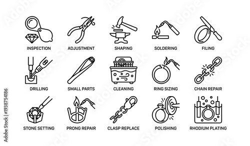 Jewelry repair and crafting tools and techniques icons set