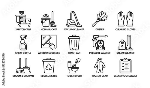 Cleaning equipment icons: cart, mop, vacuum, duster, gloves, more