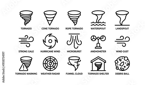 Weather icons: tornado, strong wind, anemometer, hurricane, funnel cloud, shelter