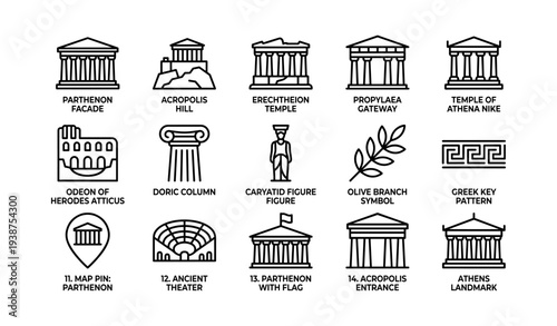 Iconic greek architecture and symbols illustration