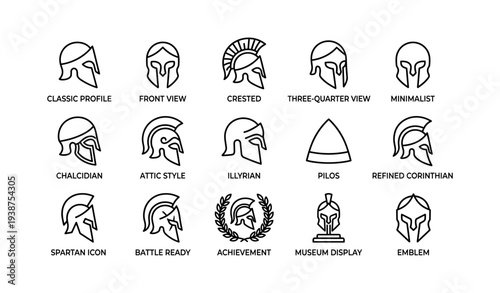 Greek helmet icon set: classic, spartan, corinthian, and minimalist designs