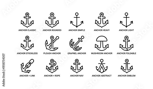 Various anchor designs: classic, rounded, simple, heavy, light, stockless, plough, grapnel, mushroom, foldable
