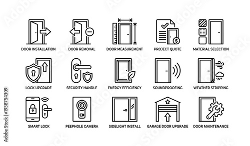 Door upgrade and maintenance icons for installation, security, and efficiency