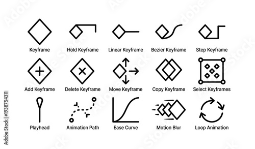 Animation keyframe icons: linear, bezier, and motion blur symbols