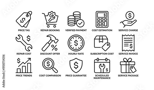 Finance and repair icons: service, cost, payment, booking, maintenance
