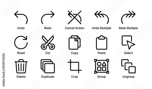 Basic editing icons for actions like undo, redo, cut, copy, and paste