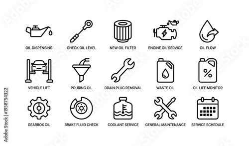 Automotive maintenance icons: oil service, engine care, fluid check, parts replacement, vehicle tools