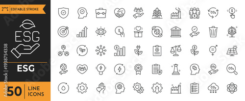 A collection of ESG line icons depicting various environmental and social responsibility concepts