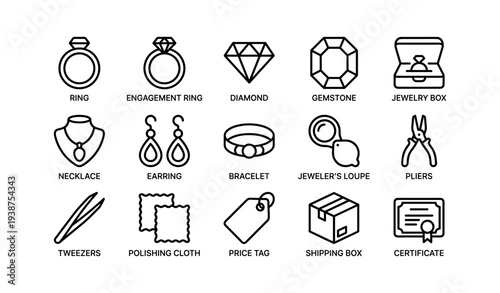 Jewelry icons set featuring rings, diamond, necklace, earrings, and tools for crafting