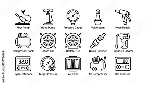 Air pump equipment icons: compressor, gauge, nozzle, inflator, valve stem