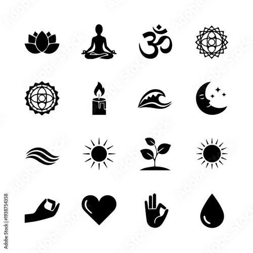 Collection of symbolic icons representing meditation, spirituality, and harmony in a serene environment from a straightforward viewpoint