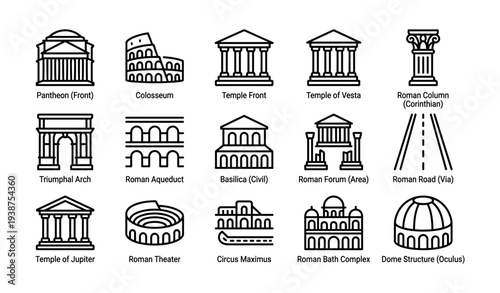 Icon set of ancient roman architectural landmarks and structures