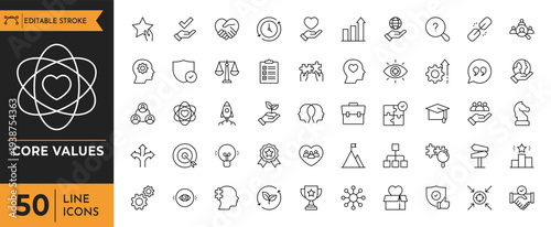 A collection of various line icons representing business concepts and core values.