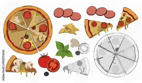 Vector set of pizza themed illustrations with colorful and monochrome versions. Includes pizza slices, whole pizza, melting cheese, pepperoni toppings and decorative food doodles. Playful hand-drawn s