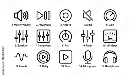 Audio control icons: master volume, play, record, mute, gain, equalizer, compressor