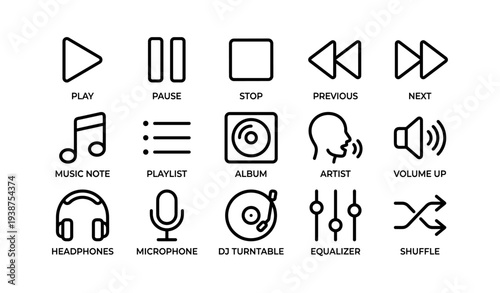 Minimalist music control icons set with playback and sound symbols