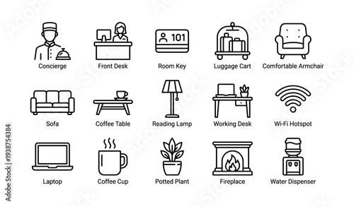 Hotel services and amenities icons: concierge, room key, wi-fi, and more