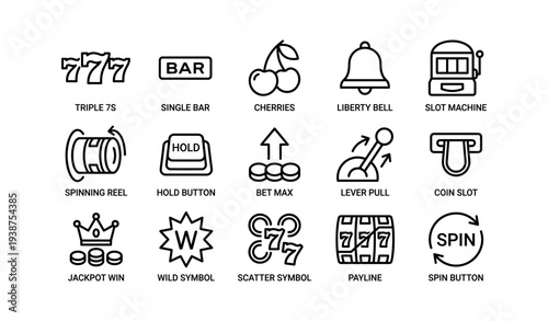 Icon set of classic slot machine symbols and features