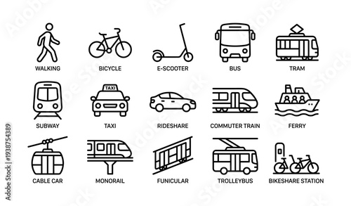 Transport icon set featuring bicycle, bus, tram, subway, ferry, and more