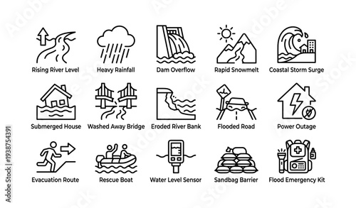 Natural disaster icons: floods, power outage, evacuation, and rescue symbols