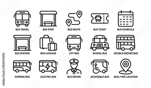 Bus icons collection: travel, routes, tickets, schedules, accessibility