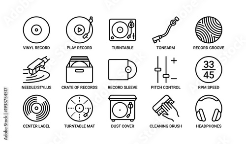 Vinyl record turntable components and accessories icons collection