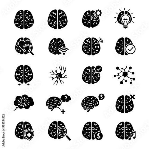 Collection of Brain Illustrations Representing Cognition and Technology Concepts