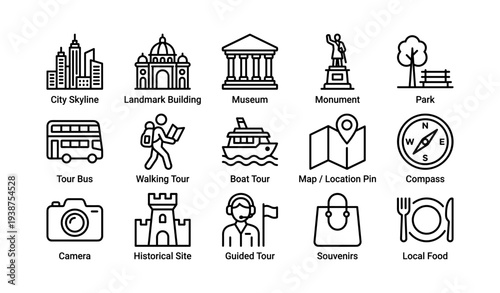 City tour icons: skyline, landmark, museum, monument, park